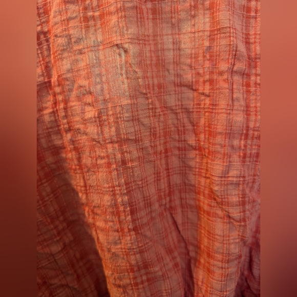 Women's Coral Plaid Textured Peplum Blouse Short Sleeve Tie Waist V Neck - Picture 2 of 10